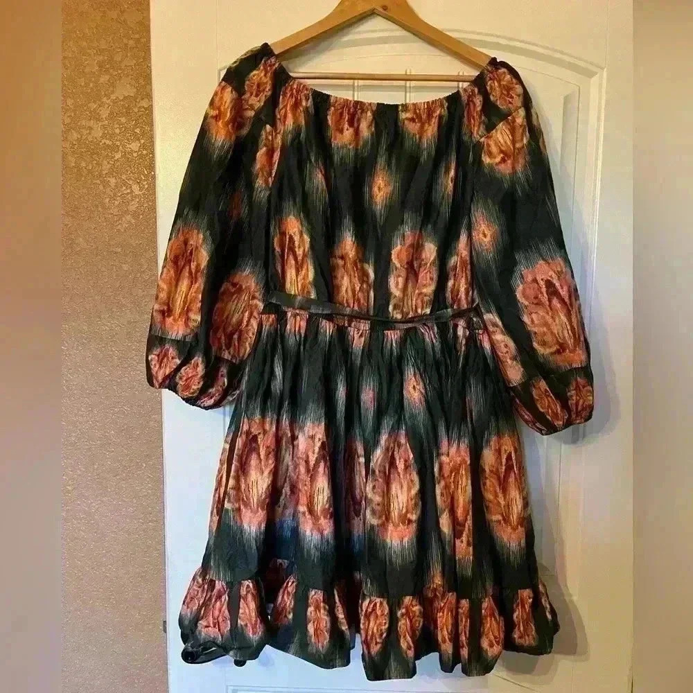 A Loves A Hunter Green Orange Floral All Cotton Dress 3/4 Sleeve size Large - Picture 5 of 7